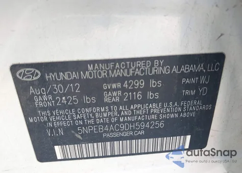 2013 Hyundai Sonata Gls из США, поврежденный, VIN 5NPEB4AC9DH594256